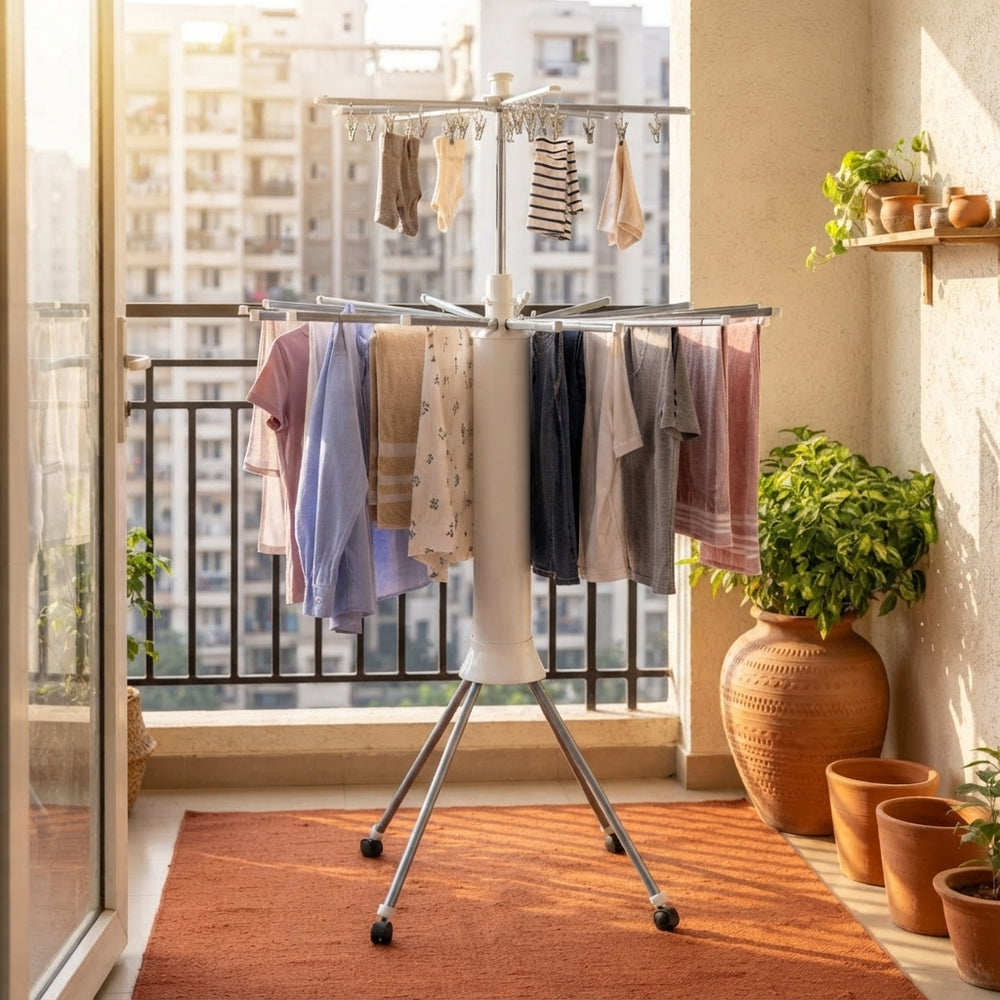 A foldable octopus laundry drying rack filled with clothes on a sunny balcony in an Indian apartment.