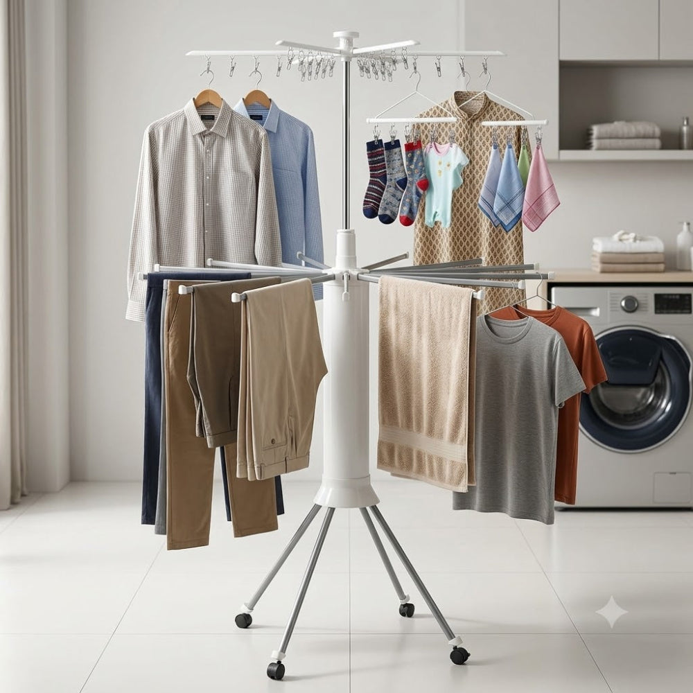 360° Octopus Foldable Clothes Drying Rack with Wheels | Multi-Level Laundry Stand